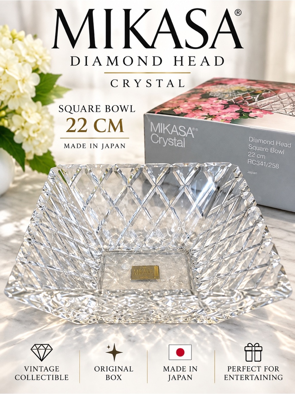 Vintage Mikasa Diamond Head Crystal Bowl 22cm Japan RC341/258 NIB